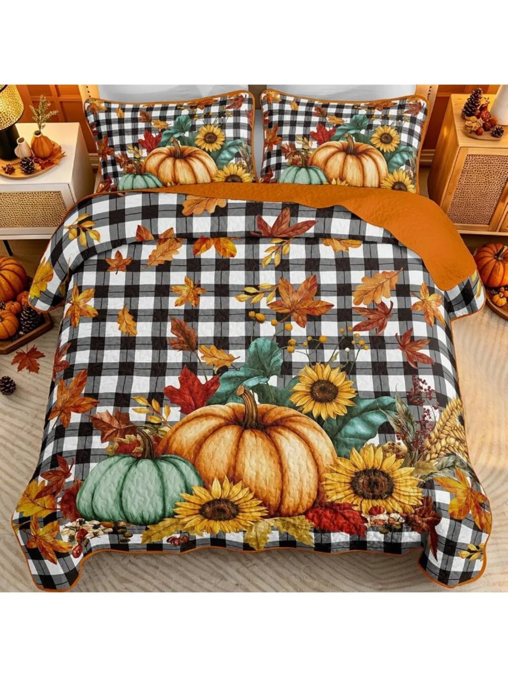 Cozy Fall Pumpkin Quilt Set Queen | Thanksgiving Bedspread for Autumn Decor